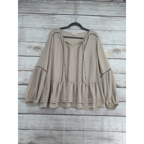 Pleione Crochet Accent Peplum Blouse Womens Large Tan Beige Tie Neck - Picture 1 of 10